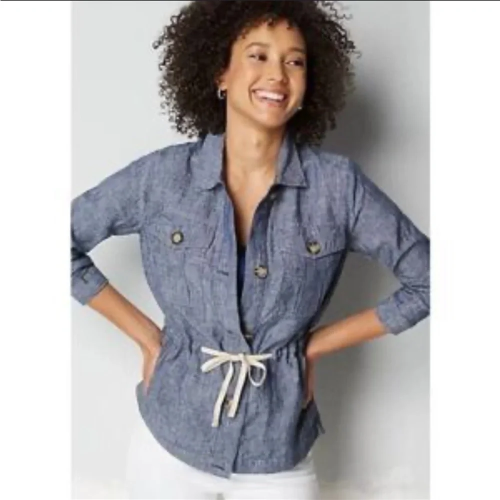 J. Jill Love Linen Casual Blue Tie Waist 100% Linen Utility Chore Jacket - Picture 2 of 15